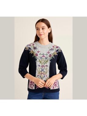 Vintage Jennifer Reed Floral Sweater Hand Knit Sz M black cream